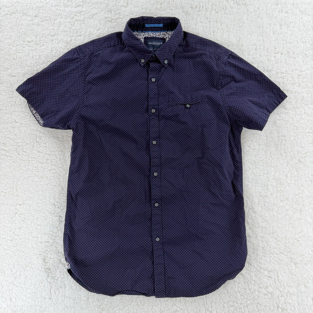 Denim & Flower Ricky Singh Shirt Mens Small Navy Blue Short Sleeve Button Down